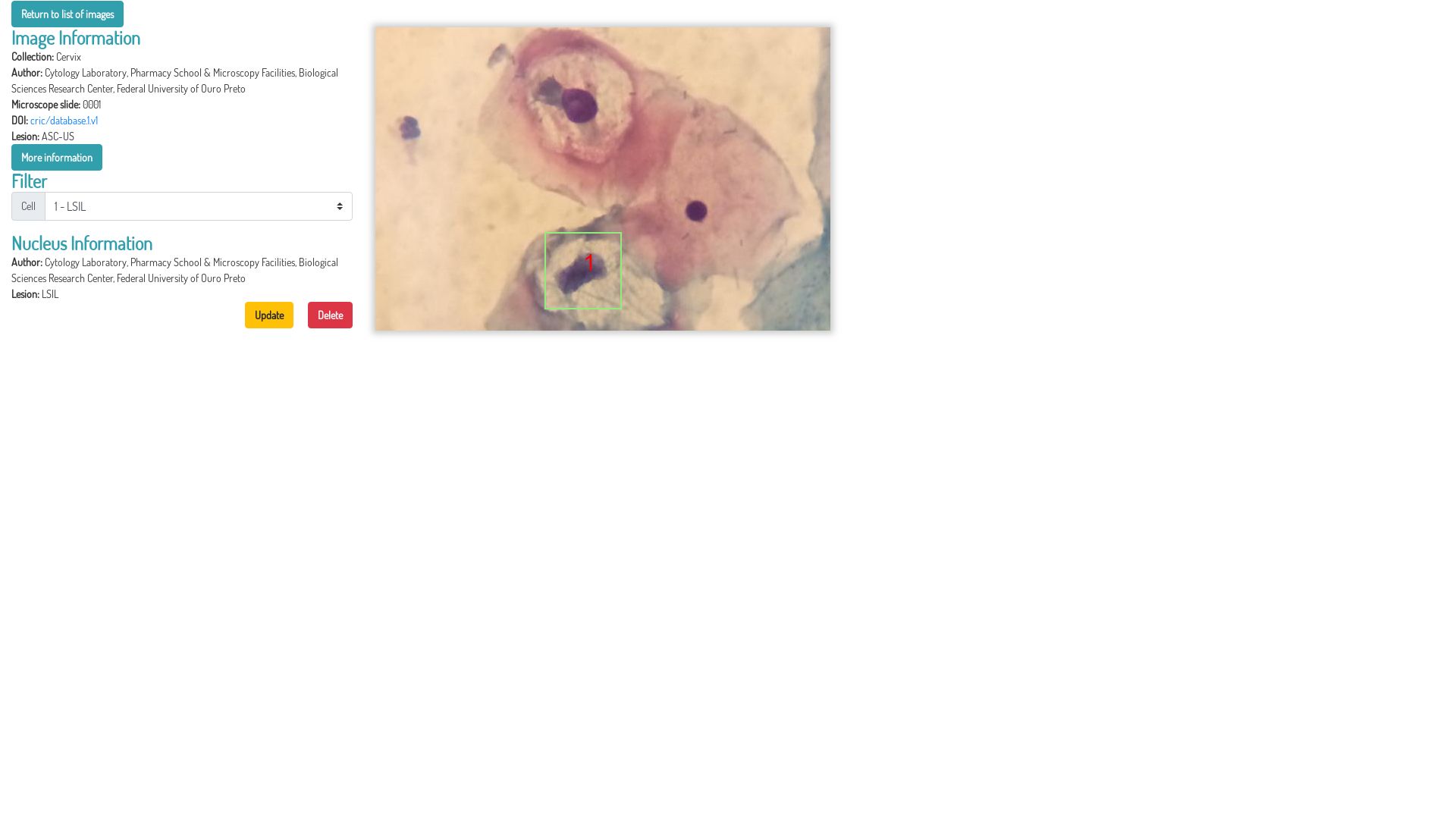 Screenshot of classification dashboard for single cell for administrator