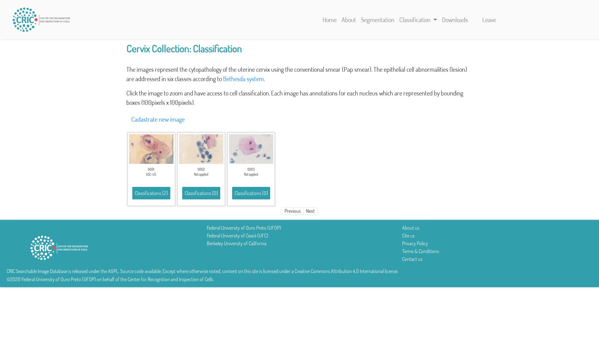 Screenshot of list of images with classification for administrator